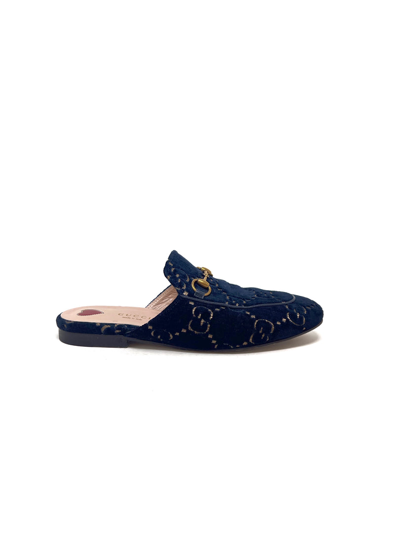 Gucci Navy W Shoe Size 36.5 'Princetown' Horsebit Velvet Monogram Slip On Loafer