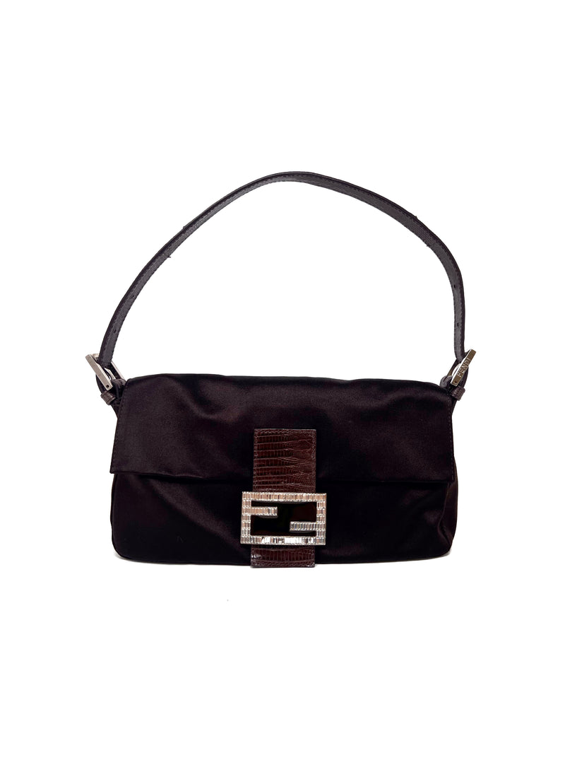 Fendi Chocolate Satin Lizard Trim Crystal Logo 'Baguette' Bag