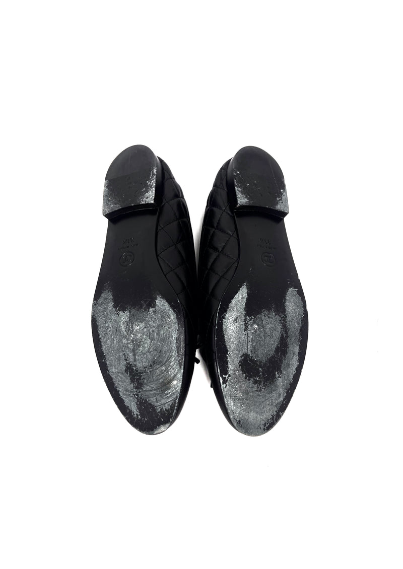 Chanel Black CC Logo Aged Calfskin Quilted Cap Toe Ballet Flats