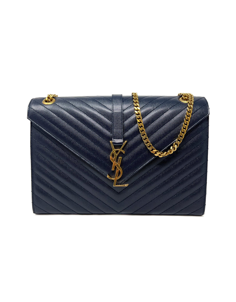 Saint Laurent Navy/Gold WDB! '14 Matelasse Grain de Poudre Leather Chevron Envel