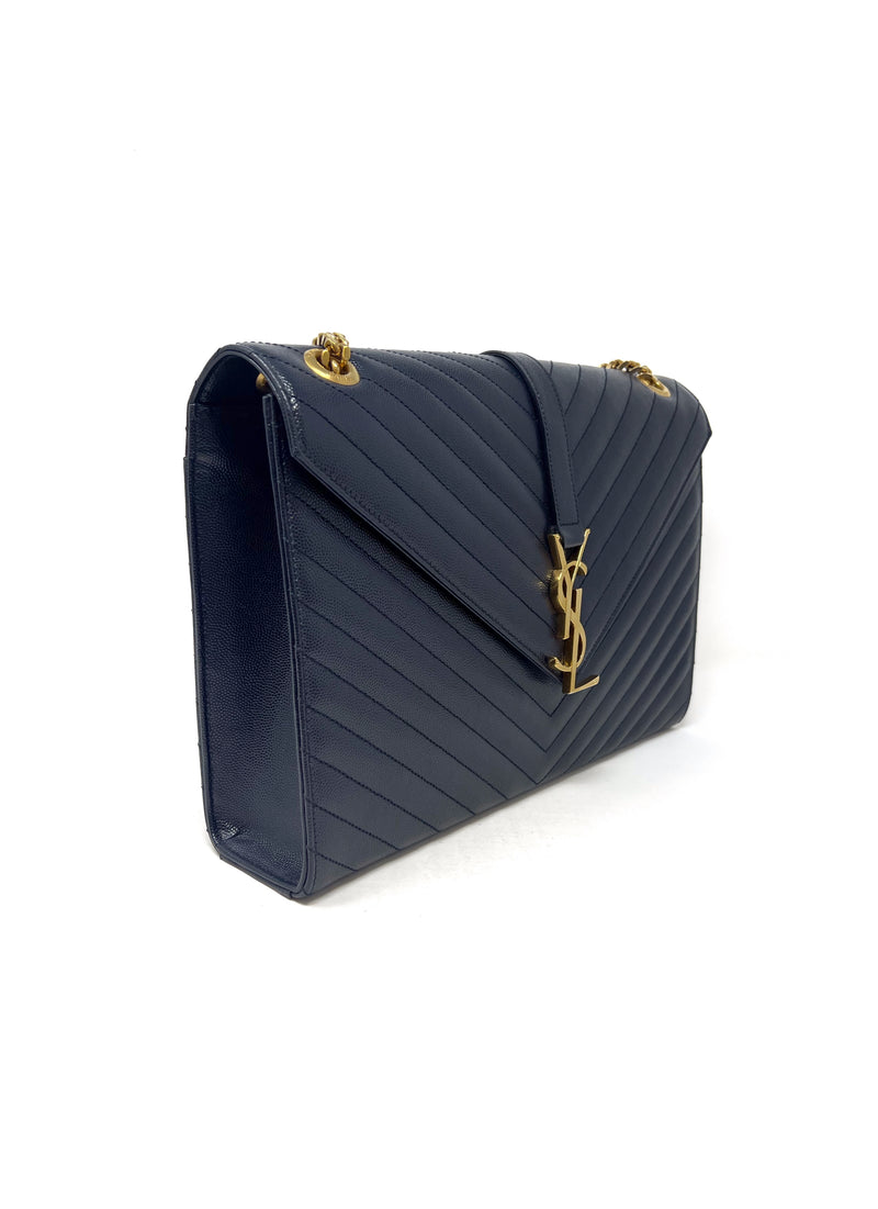 Saint Laurent Navy/Gold WDB! '14 Matelasse Grain de Poudre Leather Chevron Envel