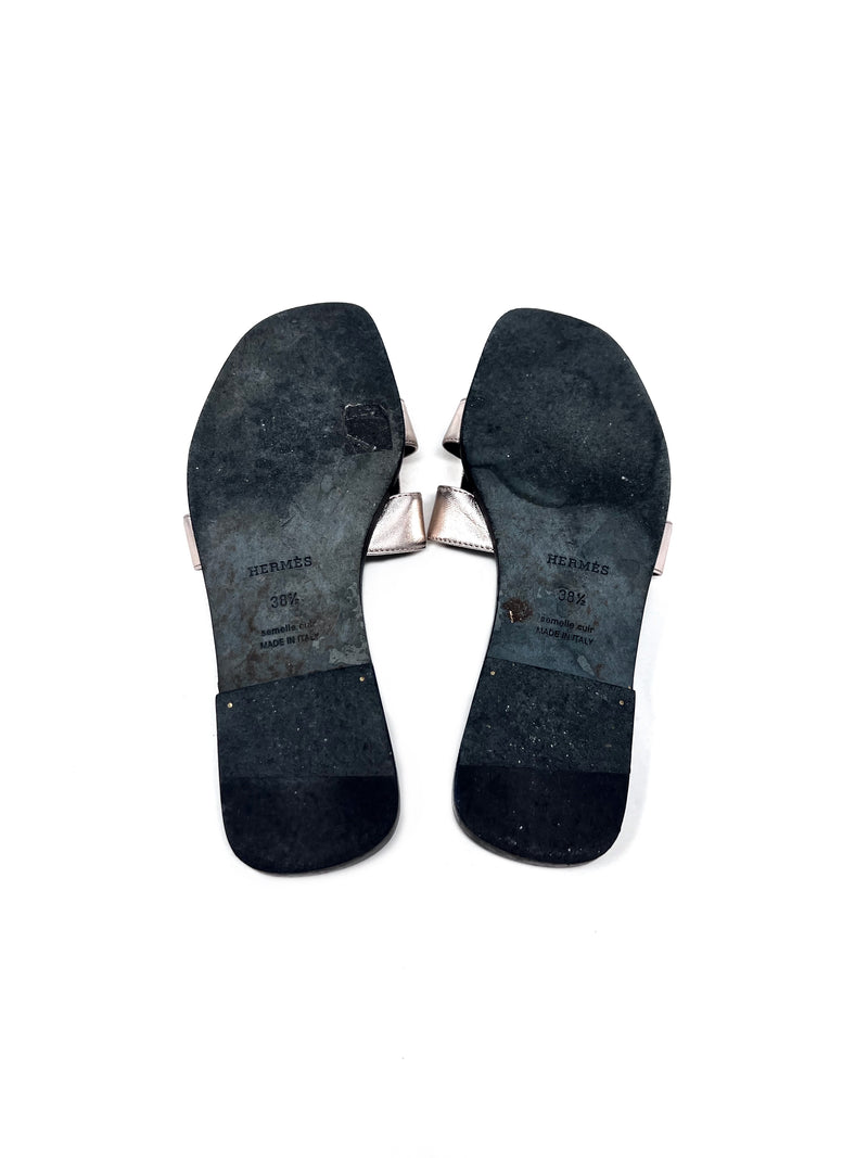 Hermes W Shoe Size 38.5 'Oran' Metallic Leather Sandals