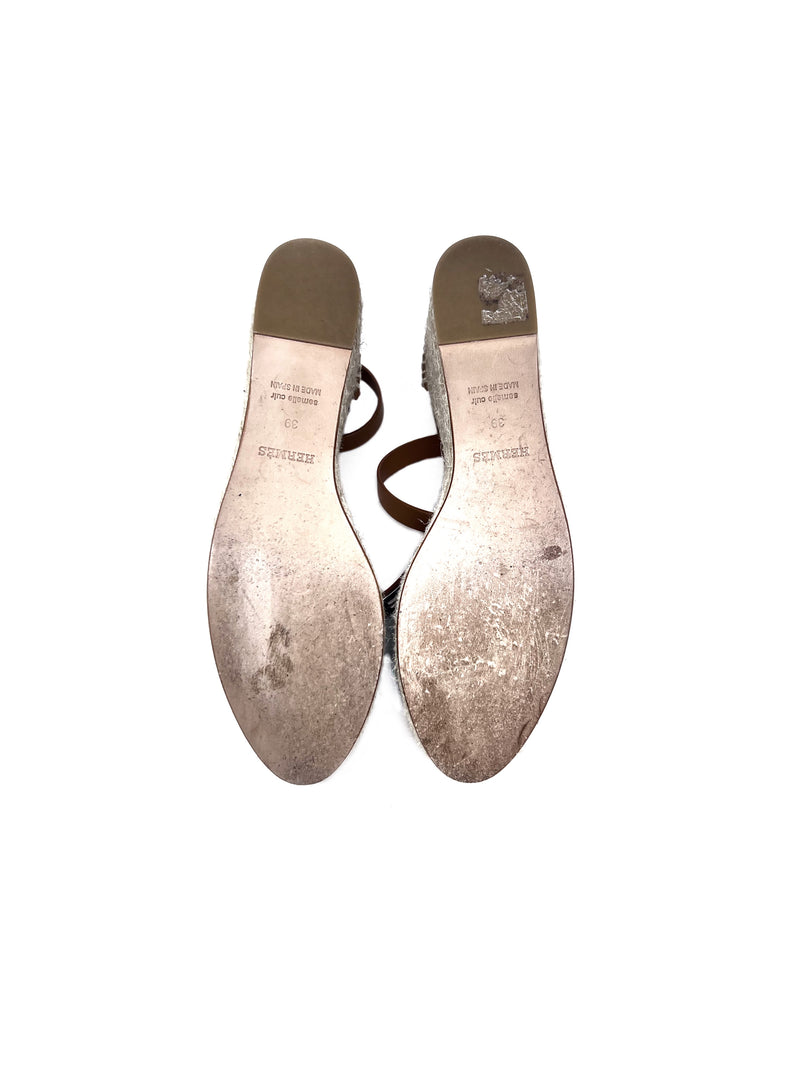 Hermes W Shoe Size 39 'Tipoli' Denim & Leather Espadrille Platform Wedge