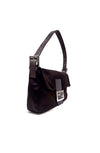 Fendi Chocolate Satin Lizard Trim Crystal Logo 'Baguette' Bag