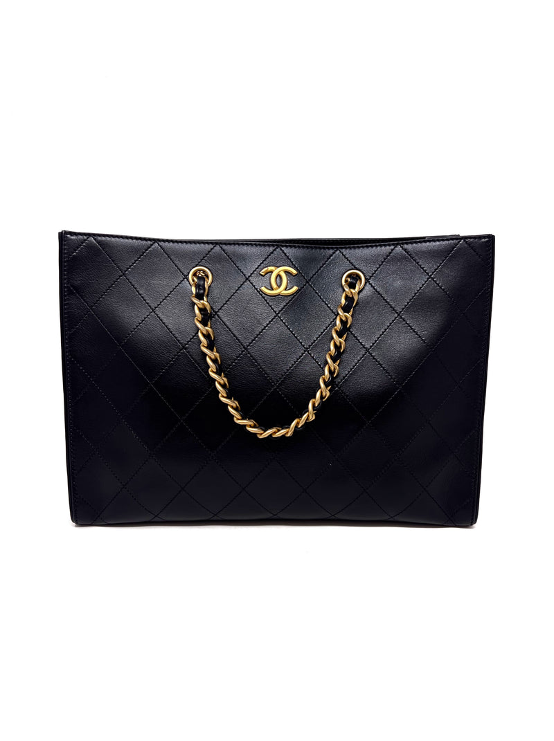 Chanel Black 24 Double Handle Calfskin Stitched CC Logo Tote Missing Pouch The Little Bird