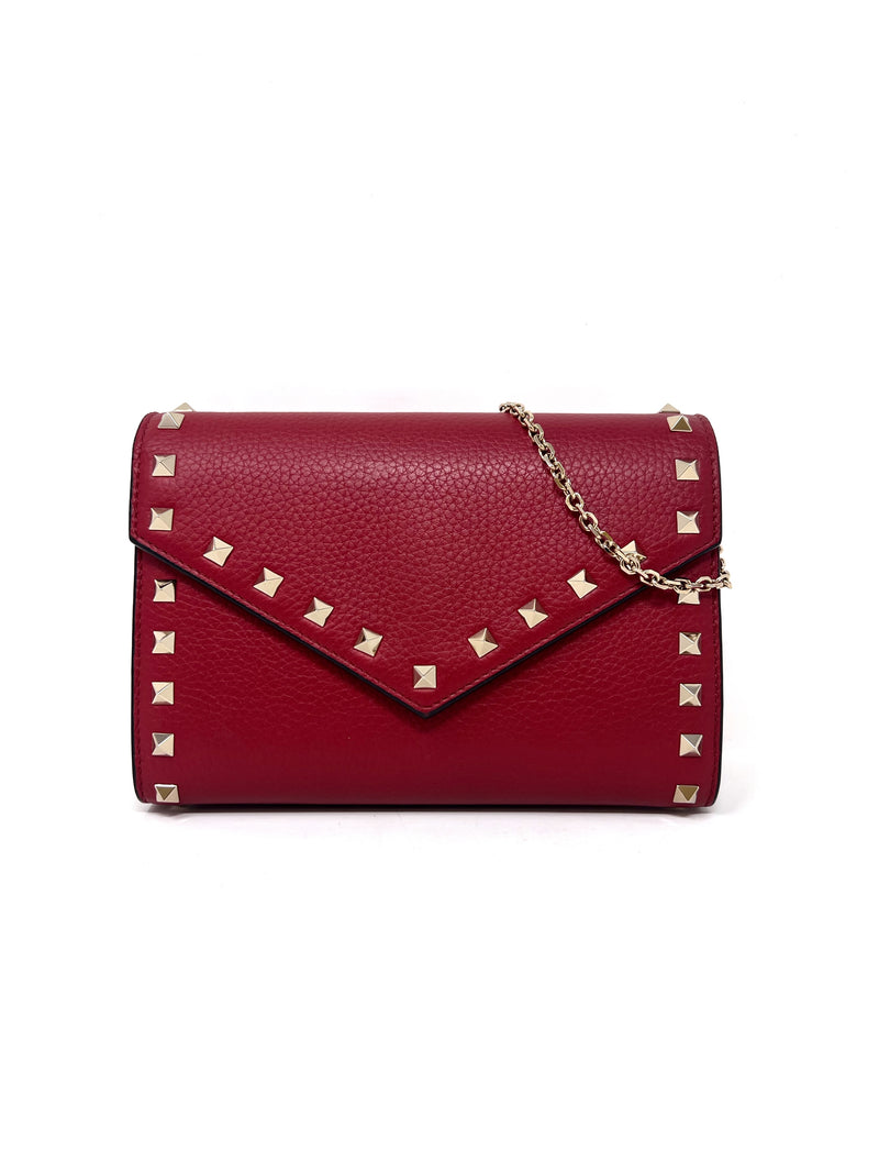 Valentino Red WDB! Rockstud Grained Calfskin Wallet on Chain Crossbody