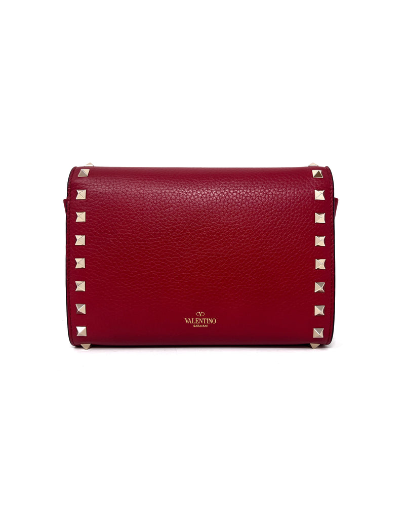 Valentino Red WDB! Rockstud Grained Calfskin Wallet on Chain Crossbody